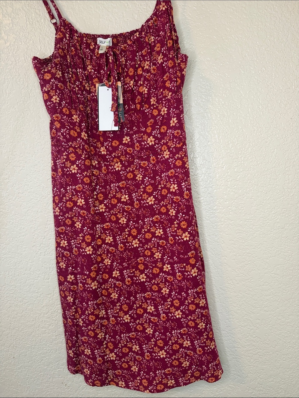 Self Esteem Burgundy Floral Midi Dress with Orange and Pink Flowers